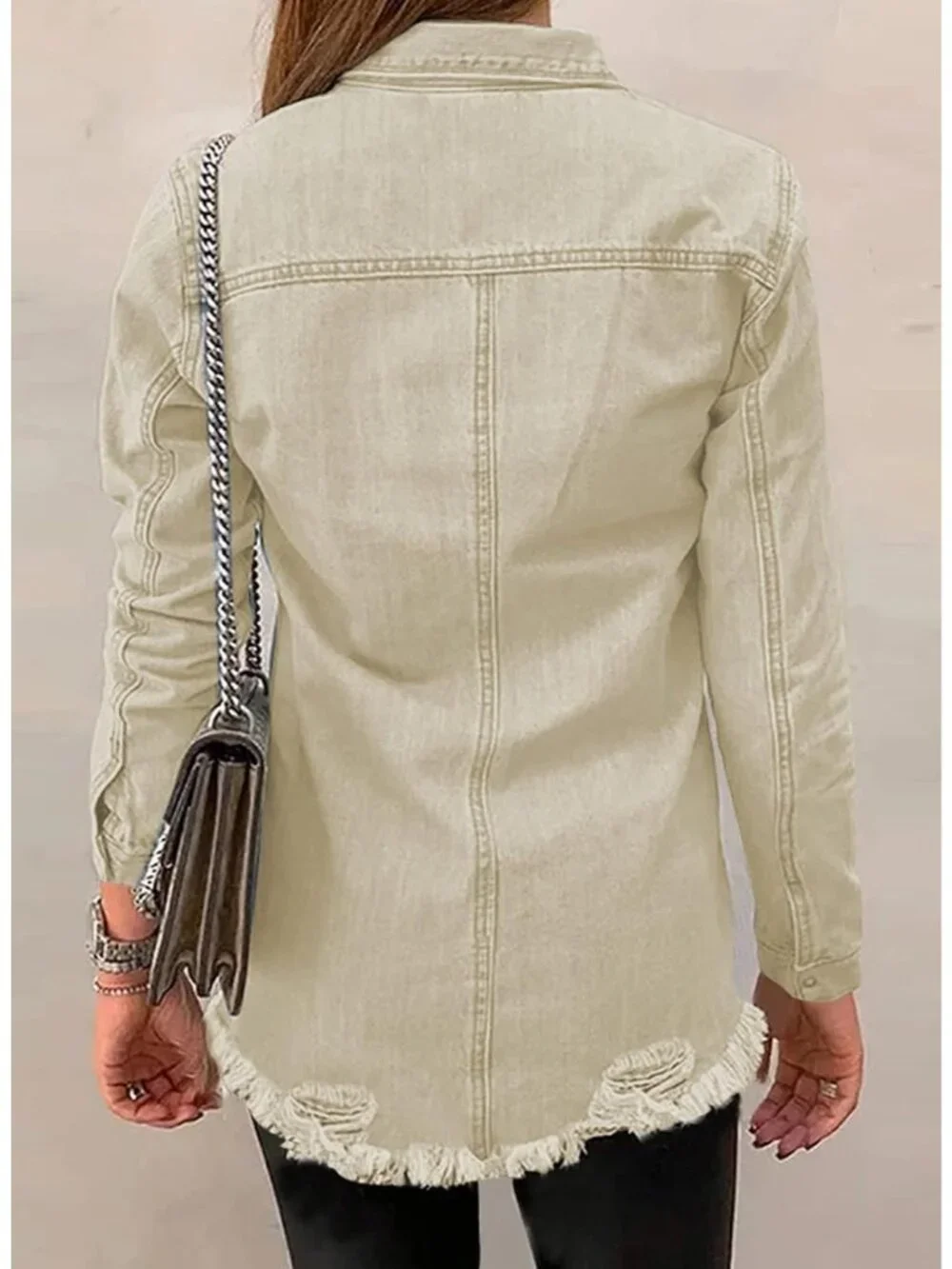 Women's Apricot Denim Button Down Oversized Distressed Boyfriend Jean Jacket